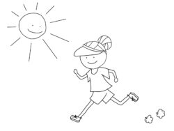 太陽の下でランニングを頑張っている帽子を被った半袖短パンの女性のイラスト